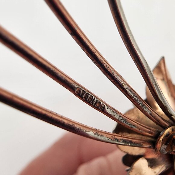 Vintage Sterling Silver with Rose Gold Vermeil Plum Rhinestone Floral Brooch 40s - Picture 2 of 12